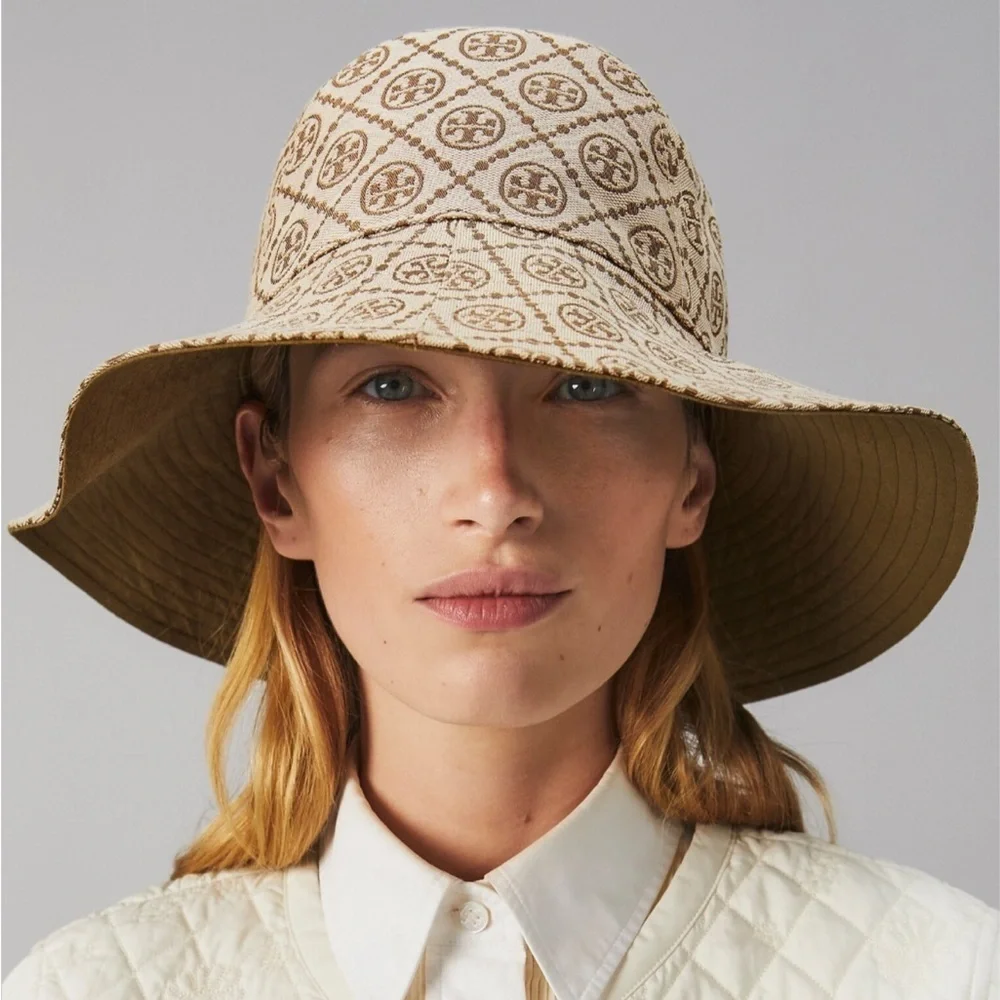 Tory Burch T Monogram Jacquard Reversible Bucket Hat Hazel Tan Brown Gold
